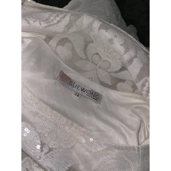 SUE WONG White Embroidered Lace Sequin Embellished Formal Wedding Dress size 12 - Picture 9 of 11